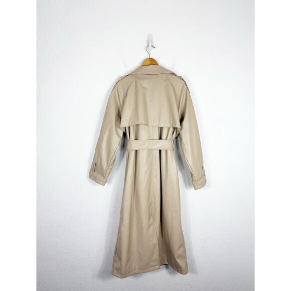 ASOS DESIGN Tan Faux Leather Trench Coat Size 12 Long Preppy Chic Minimalist - Picture 14 of 15